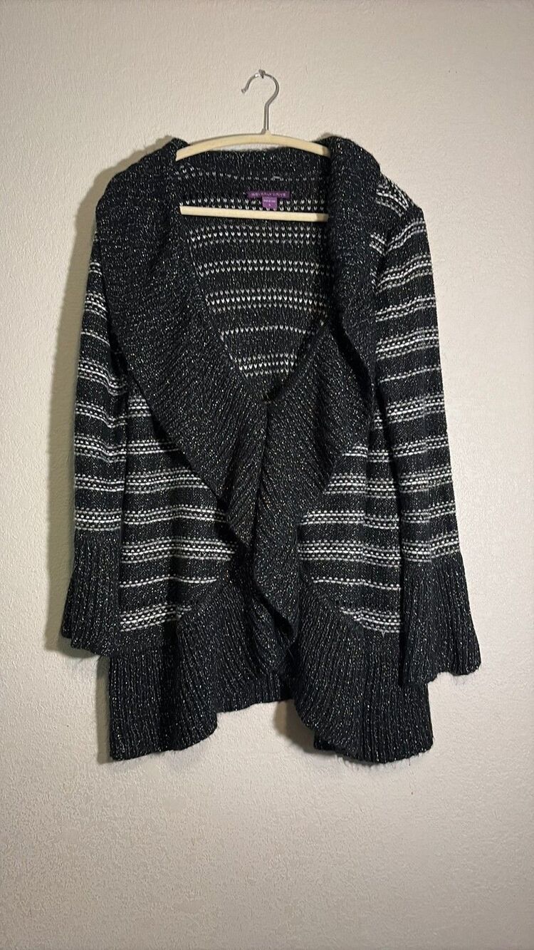 Beverly Drive Metallic Stripe Ruffle Front Cardigan Sweater - Plus Size 1X